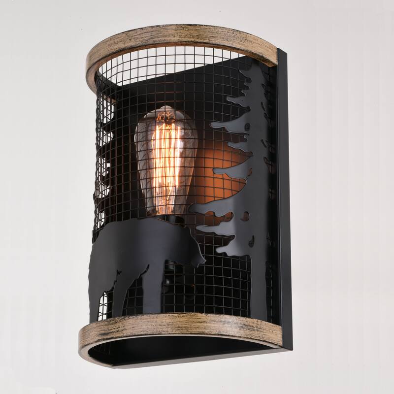 Kodiak 1 Light Black Cage Rustic Wall Sconce Bear and Tree Motif - 8-in W x 12-in H x 5.25-in D