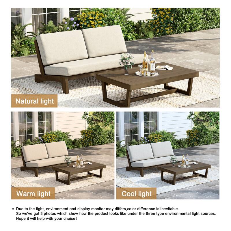 3 Seat Wood 64" W Cushioned Outdoor Patio Sofa with Coffee Table
