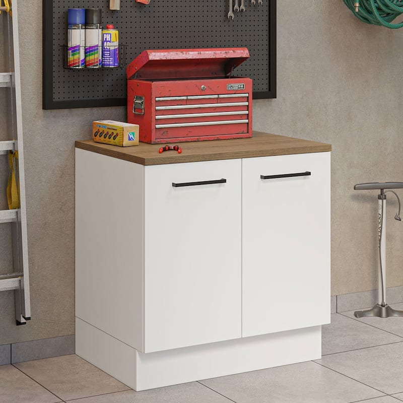 Madesa Compact Garage and Utility Room Base Cabinet with 2 Doors and Tool Storage Shelves 33 In Unit - White