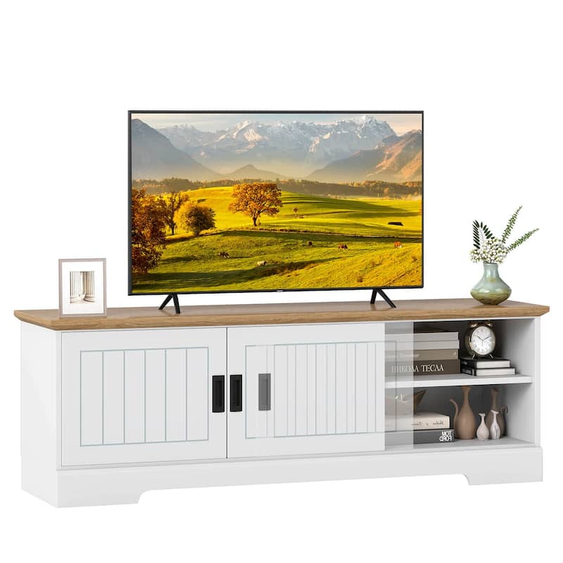 Costway Farmhouse TV Stand for TVs up to 65" with Sliding Doors - See Details - White & Oak - See Details