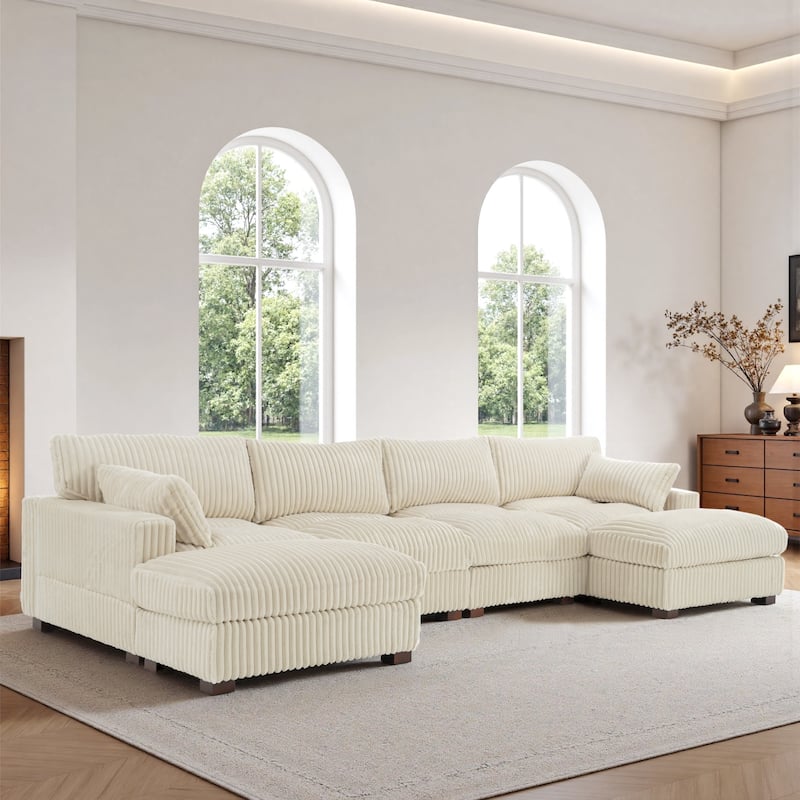 Oversied Plush Corduroy Fabric Modular Sectional Sofa with Chaise, Ottoman - Right Facing - White-5 Pieces