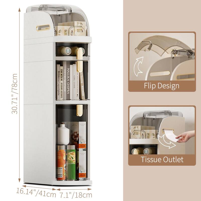Slim Bathroom Storage Cabinet with Drawers & Tissue Box, Plastic Narrow Rolling Bathroom Tower Cart No Installation