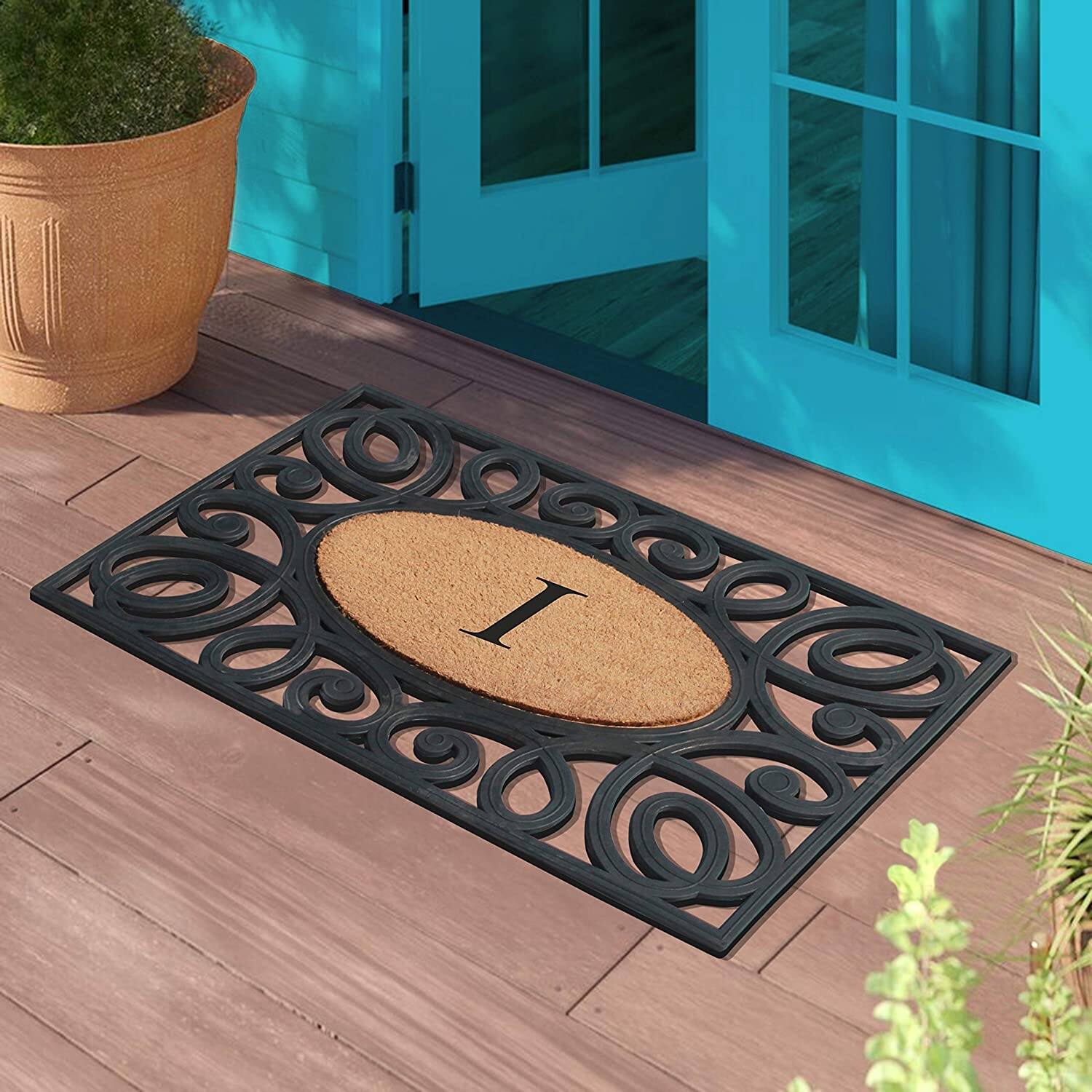 A1HC Rubber and Coir Elegant Circles, Monogrammed Double Door Doormat