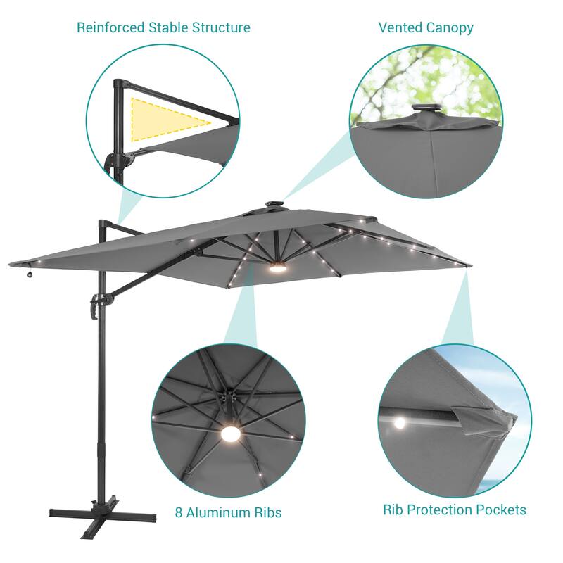 BONOSUKI 10x8FT LED Cantilever Patio Umbrella 360 Rotation and Canopy