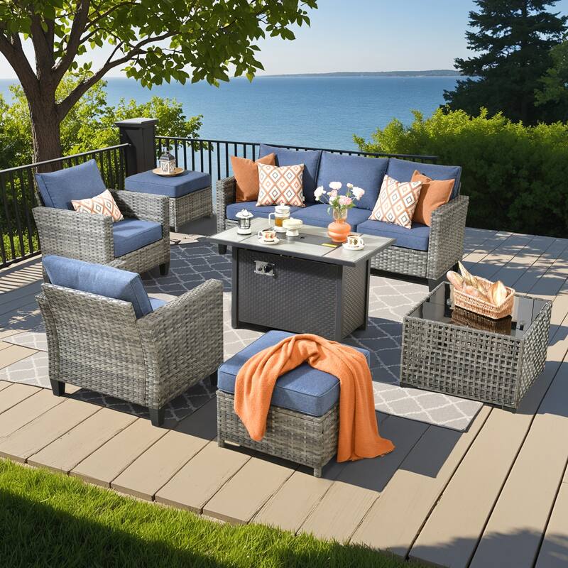 HOOOWOOO 7-piece Patio Furniture Wicker Sofa Conversation Set Fire Pit Table - Denim Blue