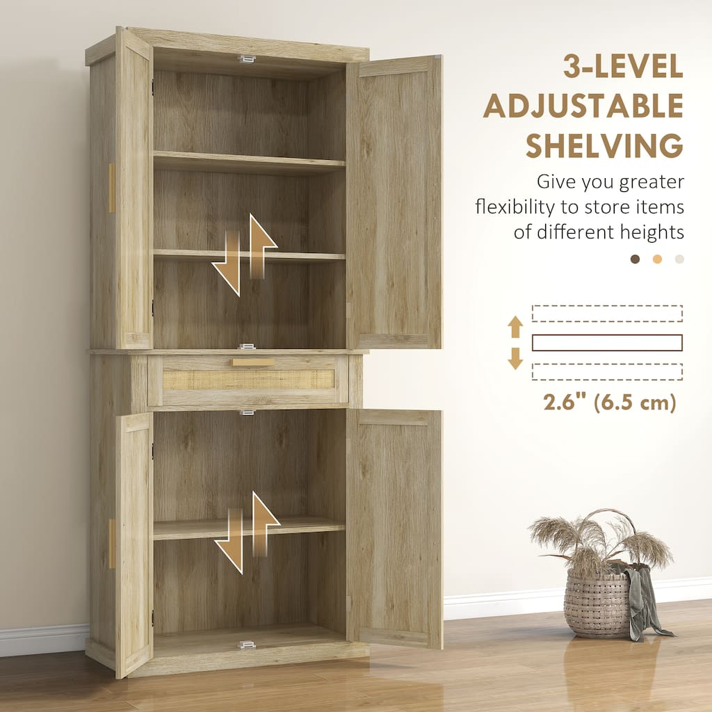 Woven Pantry Cabinet with Adjustable Shelves and Rattan Doors, Tall Kitchen Storage Cabinet Freestanding Buffet Cabinet