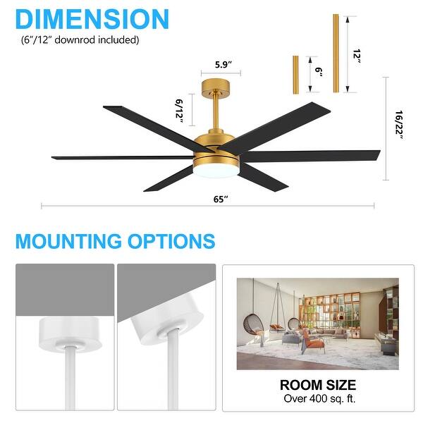 65 Inch Large Gold LED Ceiling Fan with Light and Remote(6-Blade) - Bed ...
