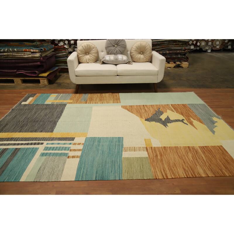 Hand Woven Oriental 100% Wool Carpet Southwestern Modern Multi-Colored Kilim Area Rug - 9' 9'' X 6' 10''