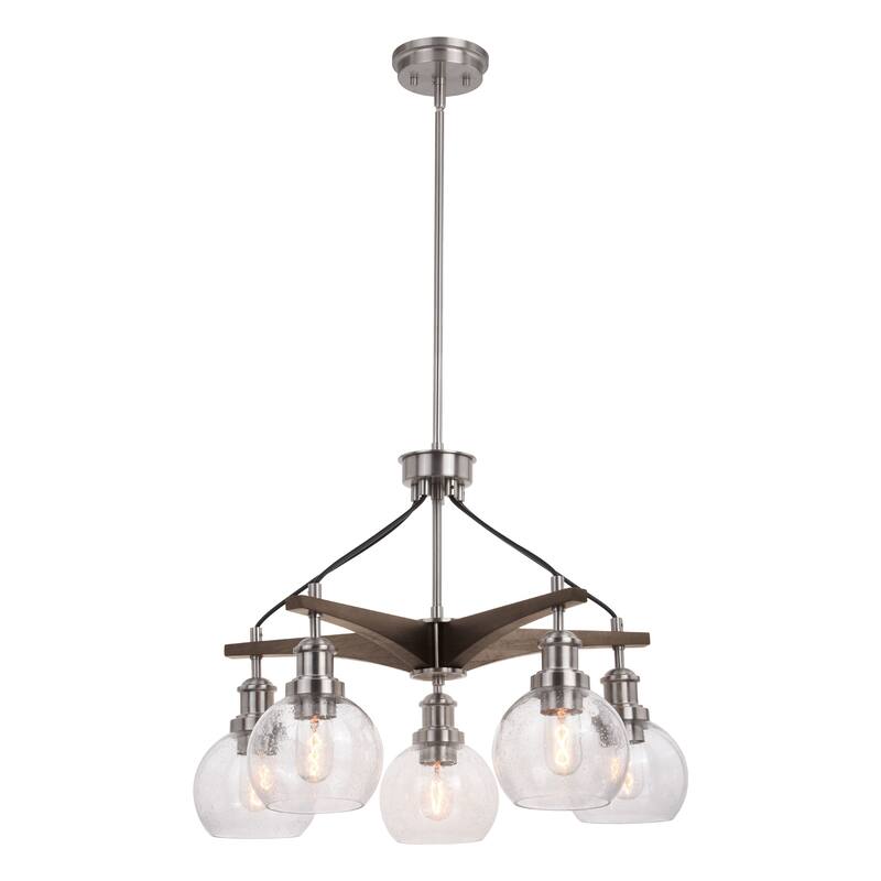 Avondale 25.5-in Satin Nickel and Wood Farmhouse 5 Light Chandelier Dining Room Hanging Fixture