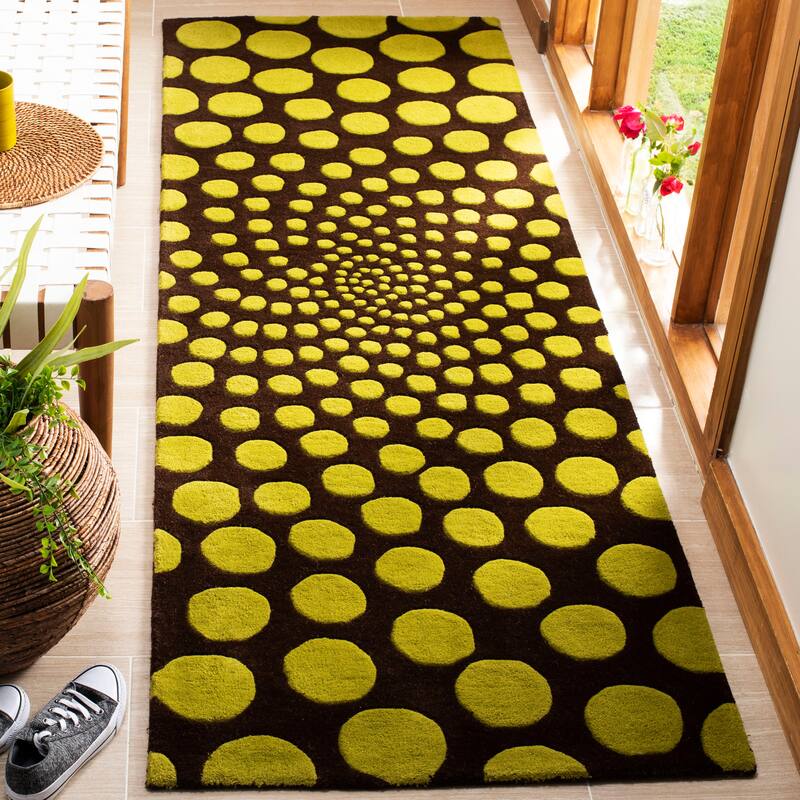 SAFAVIEH Soho Handmade Eulalia Abstract Dots N.Z. Wool Area Rug - 2'6" x 8' Runner - Brown/Green