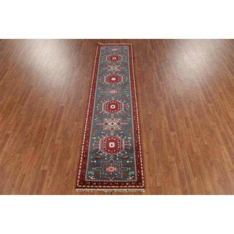 Teal Green Khotan Oriental Runner Rug Hand-Knotted Wool Carpet - 2'6"x 9'9"
