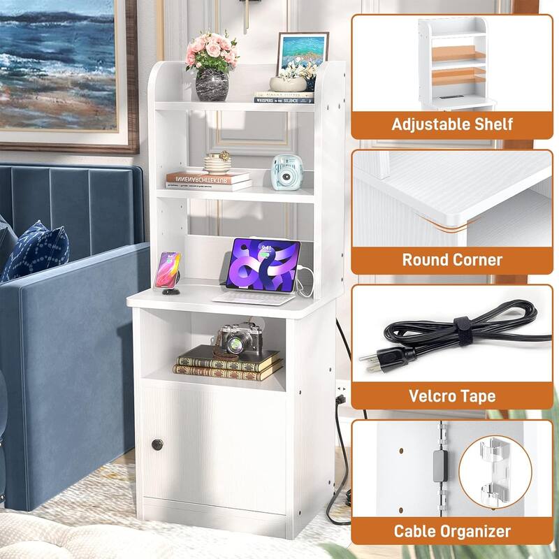 47" Nightstand with Charging Station and LED Lights,Industrial Bedside End Side Table with Adjustable Bookshelf Storage Cabinet
