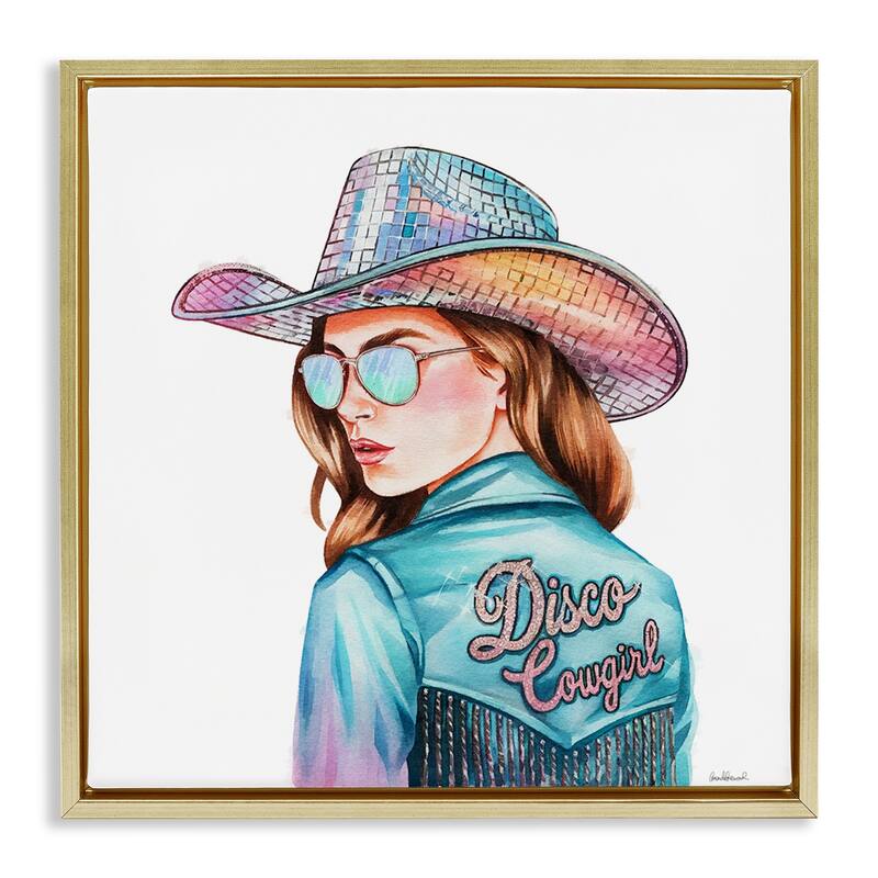Stupell Disco Cowgirl Portrait Framed Floater Canvas Wall Art Design By Amanda Greenwood - 18 x 18 - Gold