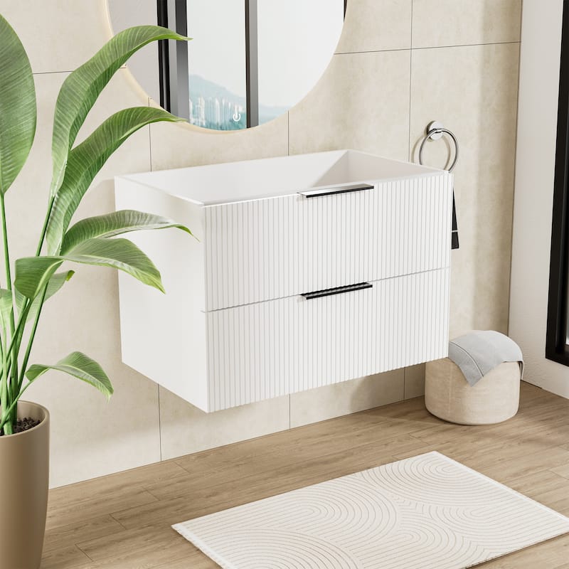 GDFStudio - Zen Modern Mid-Century Wall-Mounted Bathroom Vanity with 2 Soft Close Drawers & Large Storage Spaces, WITHOUT Sink