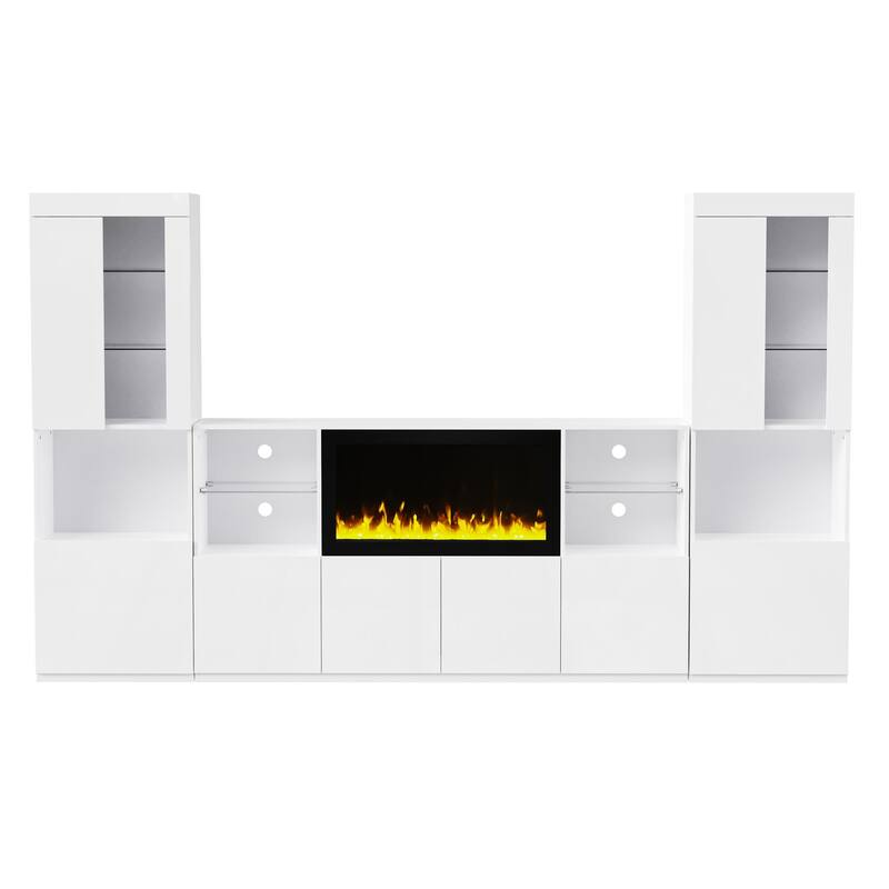 LED High Gloss TV Stand Display Cabinet Set with Glass Shelves, 111" TV Media Storage Console with Electric Fireplace