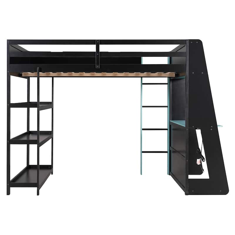 Full Size Gaming Loft Bed Station with Desk, Storage Shelves & RGB LED Lights