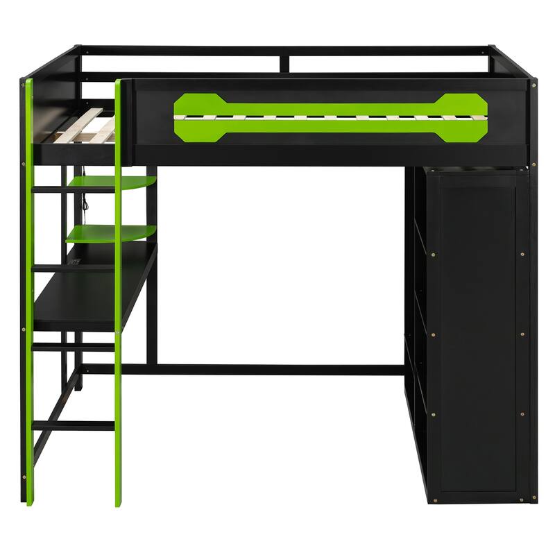 Roomfitters Full Gaming Loft Bed with Desk, Open Wardrobe, RGB LED and USB Ports, Space Saving Sleeper