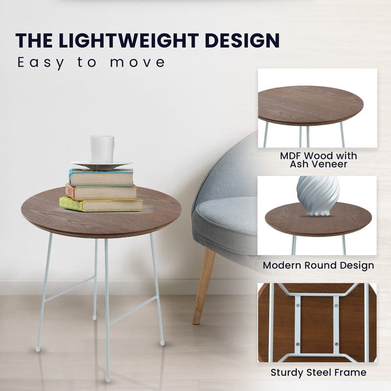 Rossmore Modern MDF Round Ash Wood Veneer Tabletop Side Accent Table with White Stainless Steel Frame for Home or Office