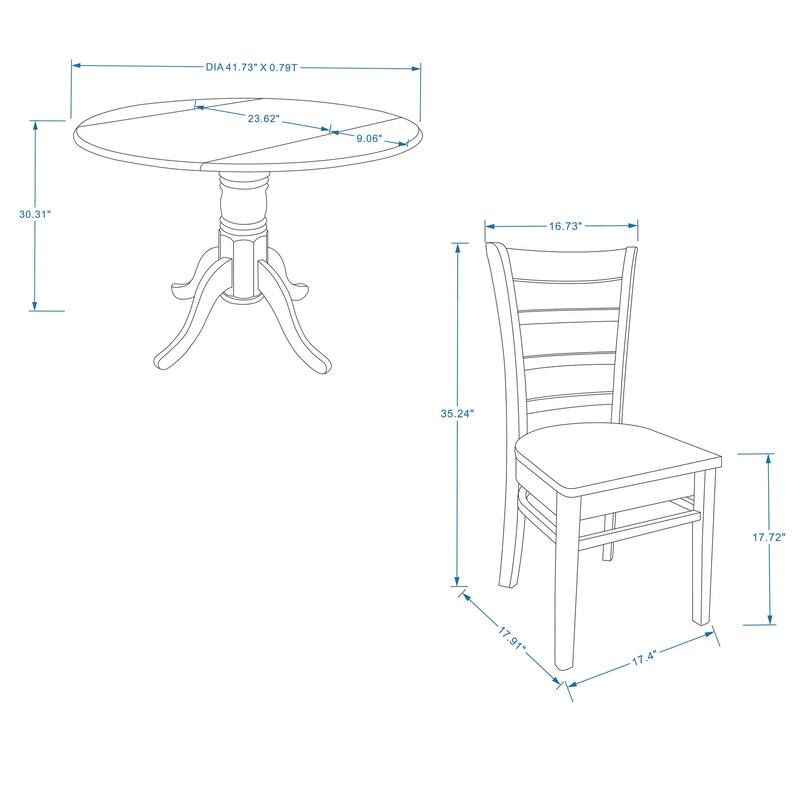 3-Piece Dining Set, 42" Round Drop-Leaf Table and Slat Back Chairs