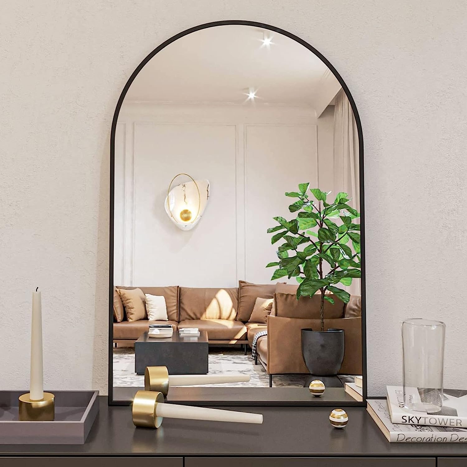 24x36 Inch Metal Framed Arched Bathrrom Mirror For Wall
