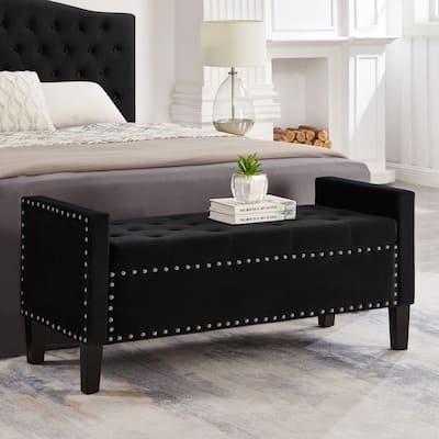 Upholstered Tufted Button Storage Bench with Nails Trim and Arms