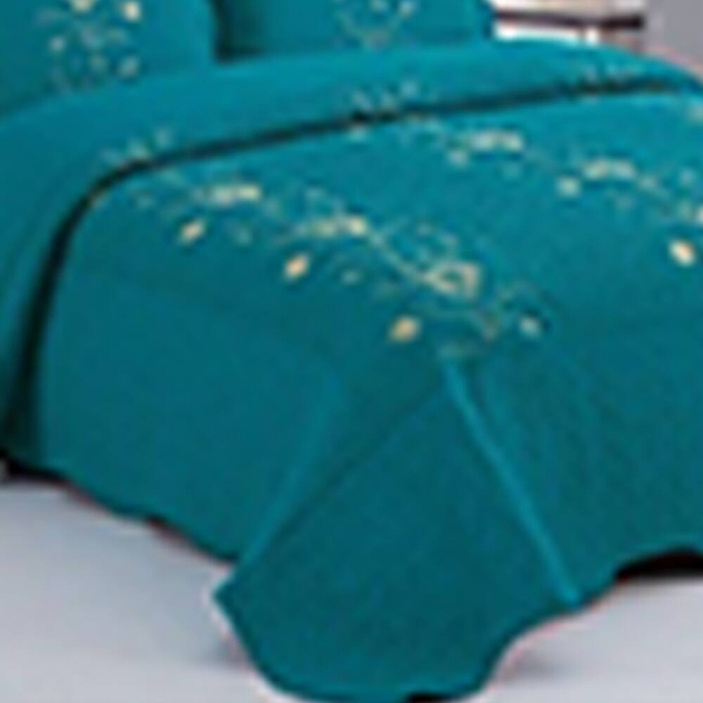 3PCS Lightweight Quilt Bedspread Set Embroidery Queen Teal Bed Bath