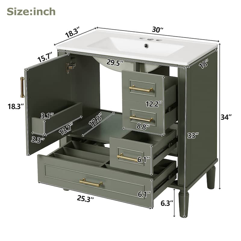 30" Bathroom Vanity with Ceramic Sink Combo, Soft-Close Door Bathroom Storage Cabinet with 3 Drawers