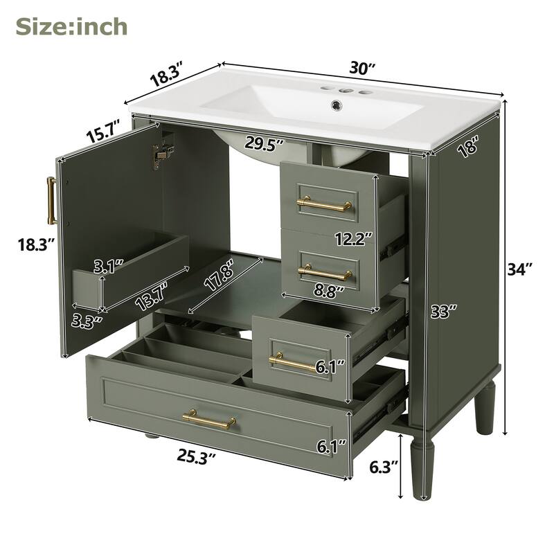 30" Freestanding Bathroom Vanity with Ceramic Sink, Soft Close Door and Drawers, Solid Wood Frame, Modern Storage Cabinet