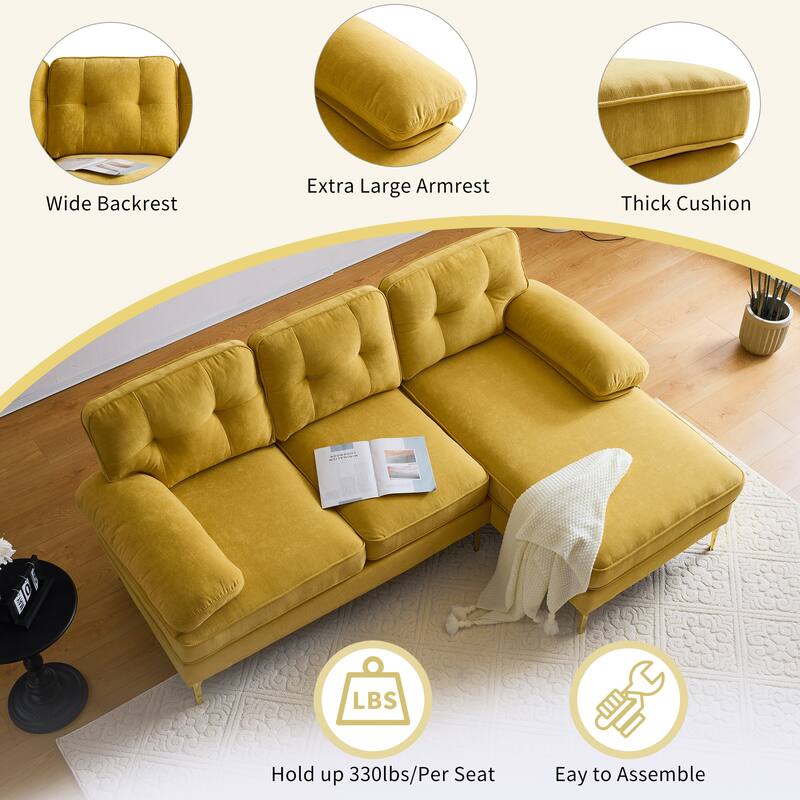 Modern Velvet L-Shaped Sectional Sofa with Metal Legs and Wide Backrest for Living Room Bedroom