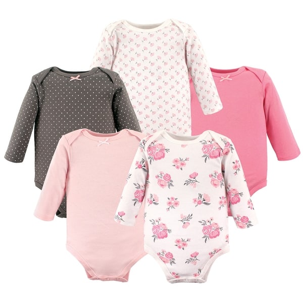 slide 1 of 1, Hudson Baby Infant Girl Cotton Long-Sleeve Bodysuits 5pk, Basic Pink Floral 0-3 Months - Basic Pink Floral