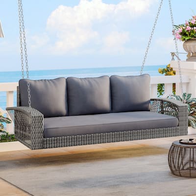 69" PE Wicker 3-Person Porch Swing - Large Outdoor Swing Bench with Cushions & Chains for Garden, Poolside & Patio