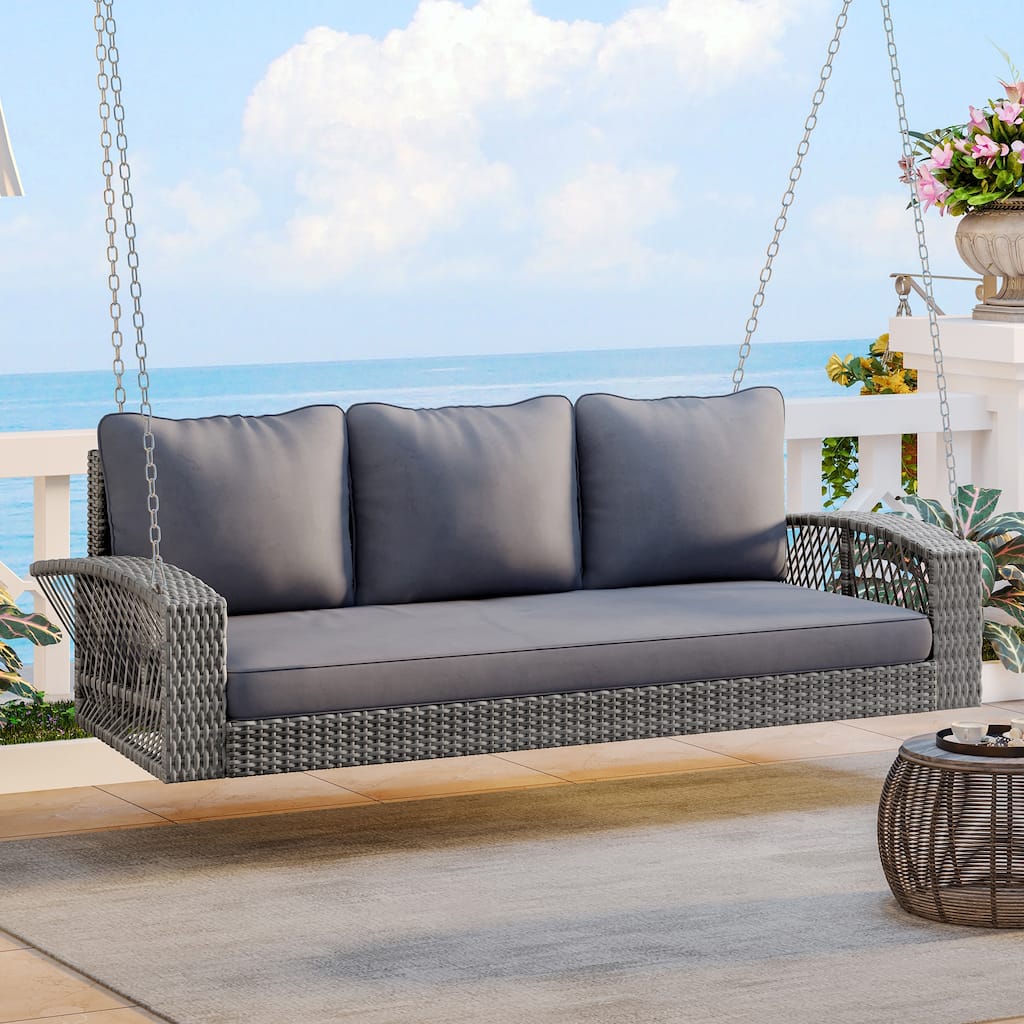 69" PE Wicker 3-Person Porch Swing - Large Outdoor Swing Bench with Cushions & Chains for Garden, Poolside & Patio