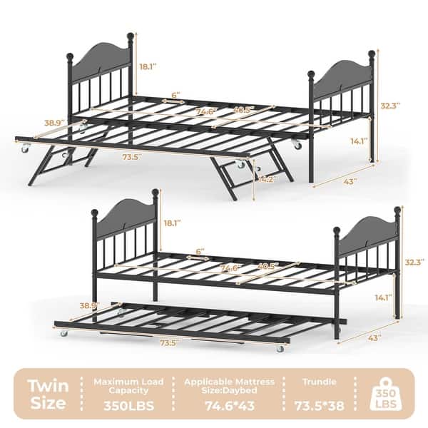 dimension image slide 2 of 4, Daybed with Trundle, Metal Twin Size Day Bed with Stylish Headboard, Sofa Bed Frame with Pop Up Foldable Trundle Bed
