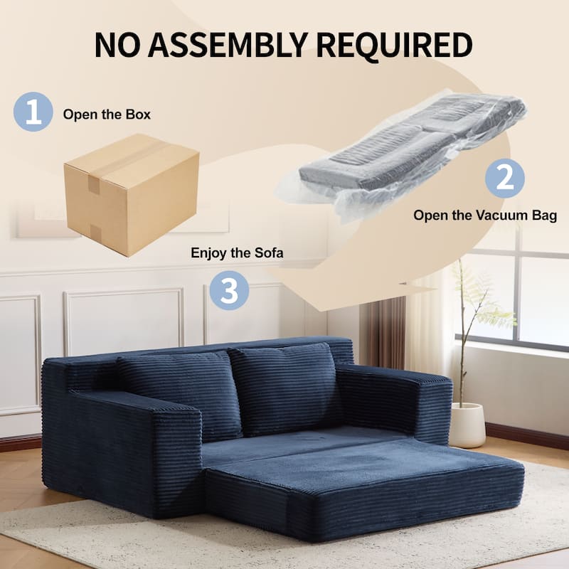 Floor Corduroy Deep Seat Loveseat Sofa with Folding Mattress Convertible Sleeper Sofa Bed with Reversible Cushion and Pillows
