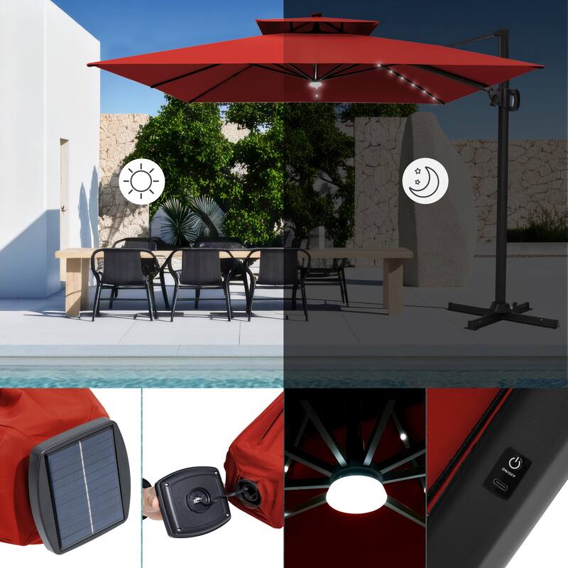 VredHom 9 x 11ft Outdoor Rectangular Dual Top Cantilever Patio Umbrella LED Light