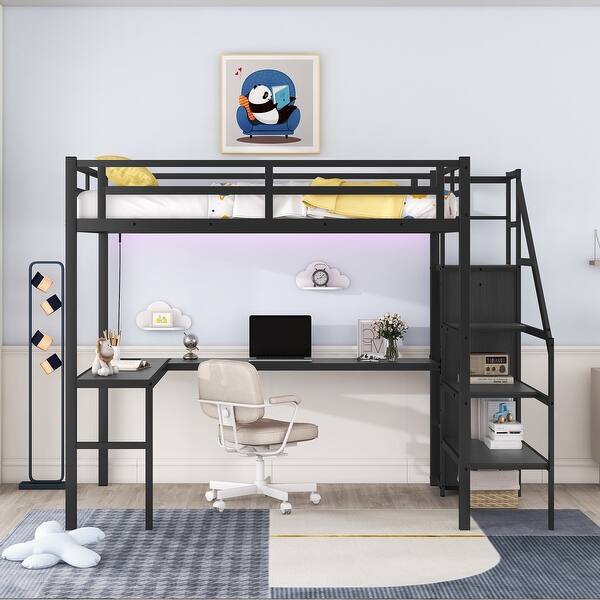 slide 2 of 16, L-Shaped Full Metal Loft Kids Bed with Desk,USB,Wardrobe,Shelf,LED Black