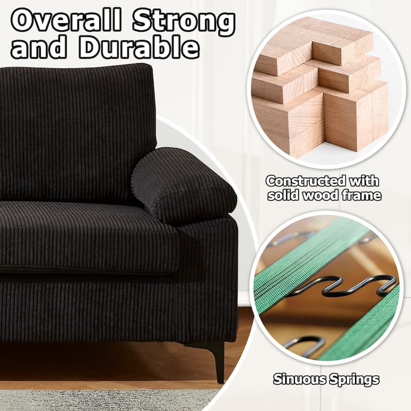HOOOWOOO Living Room Wide Armrest Corduroy Fabric Chaise Reversible Sofa with Ottoman