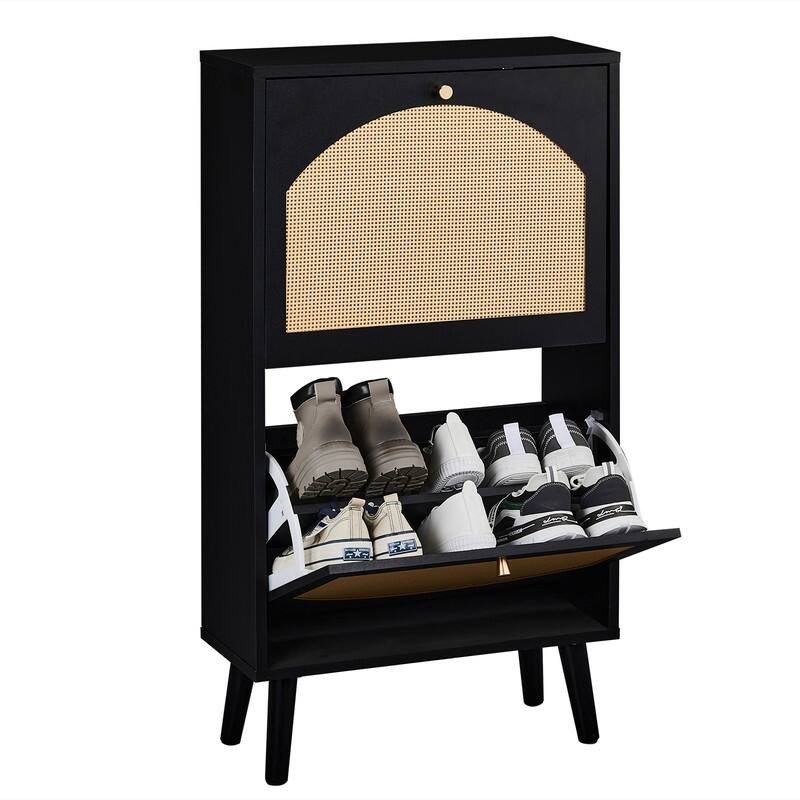 Rattan Shoe Cabinet with 2 / 4 Flip Drawers, Narrow Shoe Storage Cabinet,Organizer for Entryway, Bedroom, Living Room