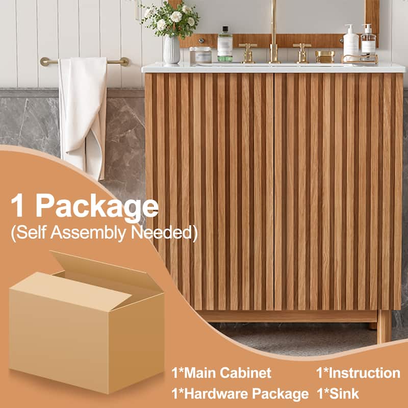 29.9" Traditional Bathroom Vanity with Ceramic Sink, Solid Wood Legs, Soft-Close Doors & Adjustable U-Shaped Shelf