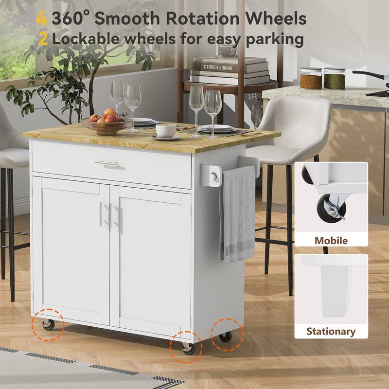 Rolling Kitchen Island with Storage, Kitchen Cart with Rubber Wood Top