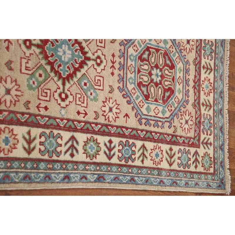 Hand Knotted Oriental 100% Wool Carpet Traditional Geometric Beige & Ivories Kazak Runner Rug - 12' 9'' X 2' 9''