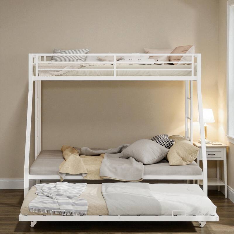 Full Size Metal Bunk Bed with Ladder and Rolling Trundle, Square Tube Frame, Heavy-Duty Triple-Sleeper for Home or Dorm
