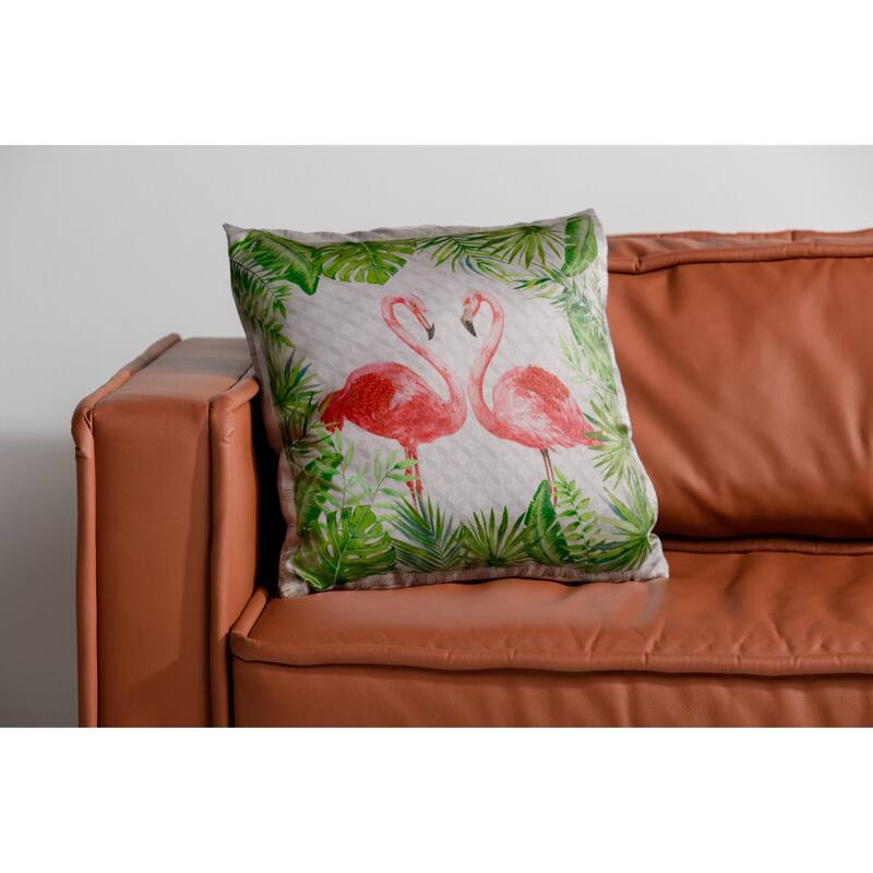 Hand Woven Coastal Flamingo Square Throw Pillow - 20" - Green and Pink