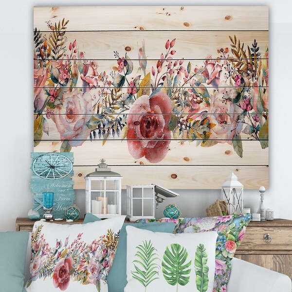 Designart 'Pink Roses and Wildflower' Farmhouse Print on Natural