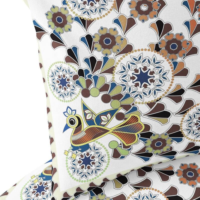 HomeRoots Set of Two 16" X 16" Blue and Off White Peacock Blown Seam Floral Indoor Outdoor Throw Pillow