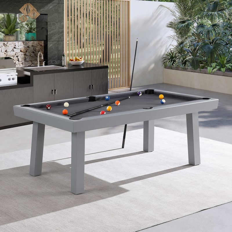 Newport Outdoor Patio 7ft Slate Pool Table 6-Seater Dining Set with 4 Benches & Accessories, Cement Finish