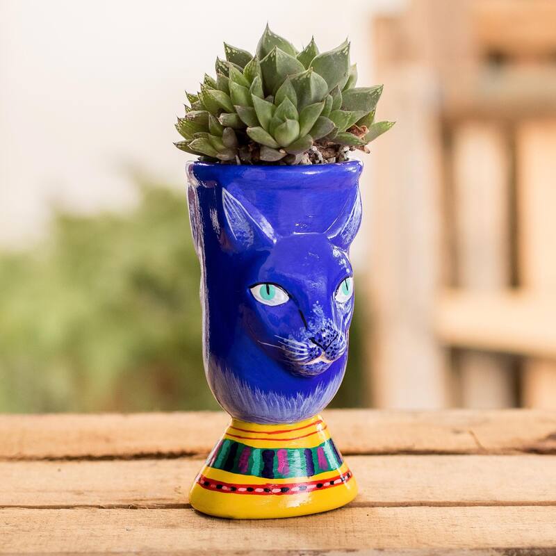 Novica Handmade Top Cat In Blue Ceramic Flower Pot
