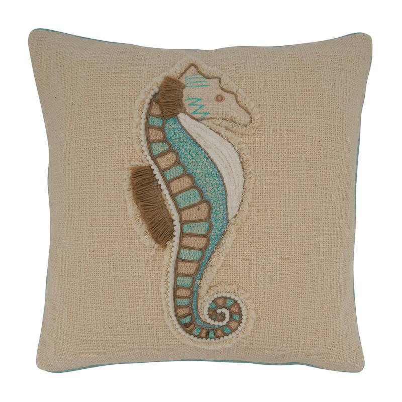 Throw Pillow With Embroidered Sea Horse Design, 18"x18"
