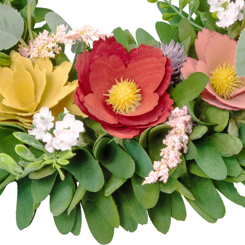 Wooden Mixed Floral and Foliage Artificial Spring Wreath - 13.75"