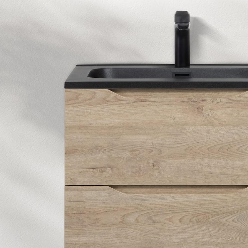 RupheonD 24"-48" Floating Bath Vanity in Evita Oak with Black Quartz Top